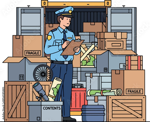 Customs Officer Inspecting Shipping Containers.