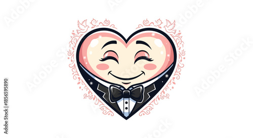 Charming heart character in tuxedo with elegant smile