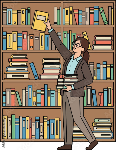 Woman Reading Books on Shelf.