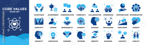 Core values icon collection set. Containing acceptance, achievement, adaptability, authenticity, autonomy, balance, badness icon.