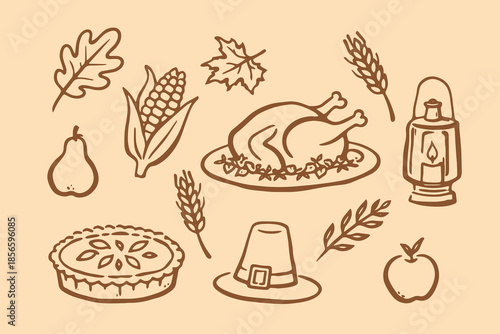 Thanksgiving set turkey pie corn pilgrim hat doodle vector illustration