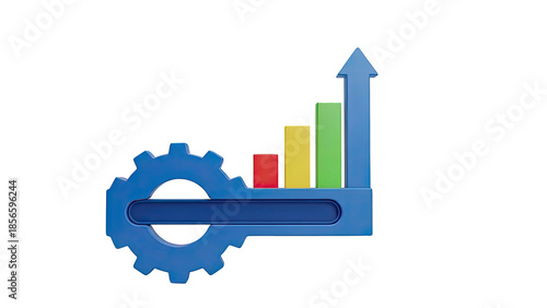3D Blue Gear and Growth Chart with Upward Arrow on transparent background