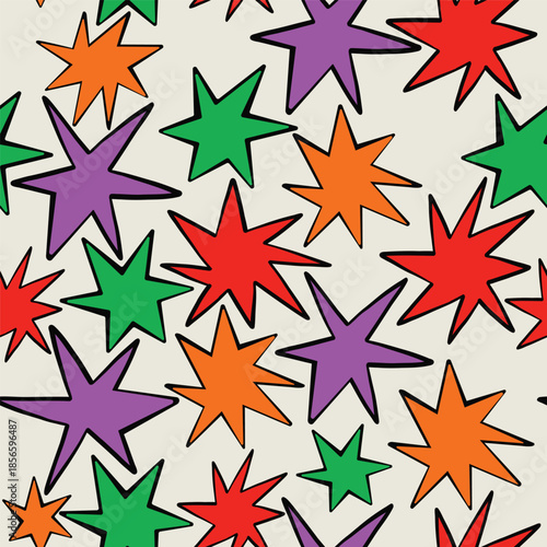 Seamless Pop Art Comic Star Pattern with Funky Hand Drawn Doodles