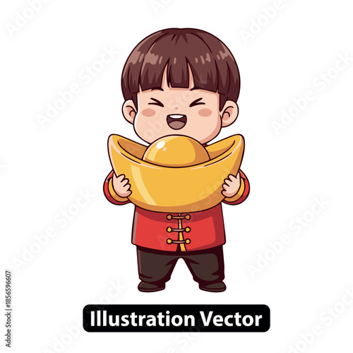 Cheerful cartoon child in traditional festive attire joyfully celebrating Lunar New Year, holding a large symbolic golden ingot, full-body vector illustration.