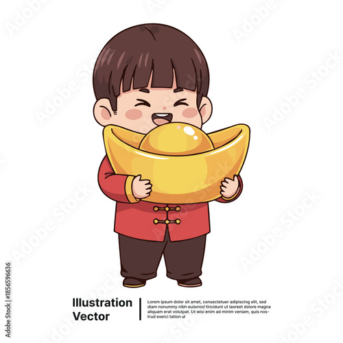 Cheerful cartoon boy character celebrating, holding traditional gold ingot symbol of wealth and prosperity for holiday festivities.