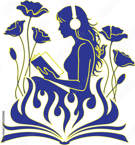 Blue and Yellow of Woman Reading Book with Poppies