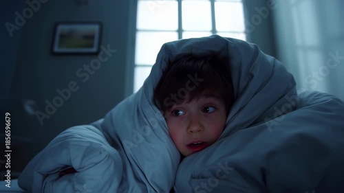 A child, eyes wide with fear, is huddled under a blanket in a dimly lit bedroom at night