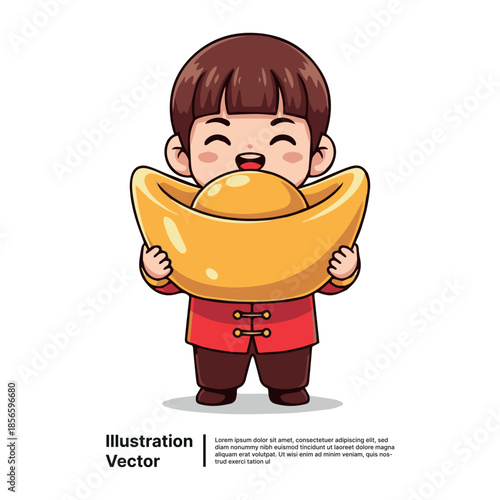 Joyful cartoon character in traditional attire holding a golden ingot, symbolizing prosperity and good fortune. Festive vector illustration.