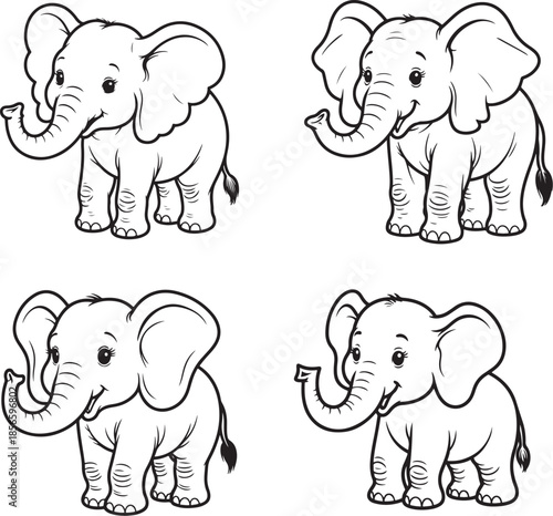 Four Cartoon Elephants in Different Poses Black and White Line