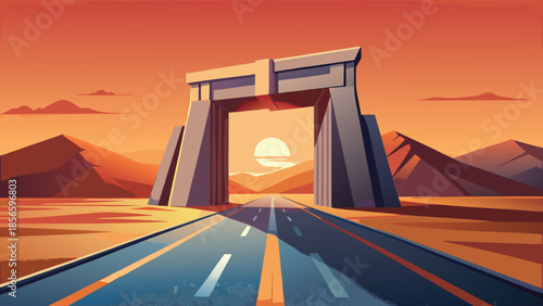 Sunset drive through a monumental gate to distant mountains in a stylized landscape illustration, perfect for travel adventure and open road freedom