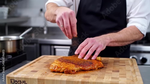 A chef's hands season a piece of seasoned meat on a wooden cutting board in a professional kitchen