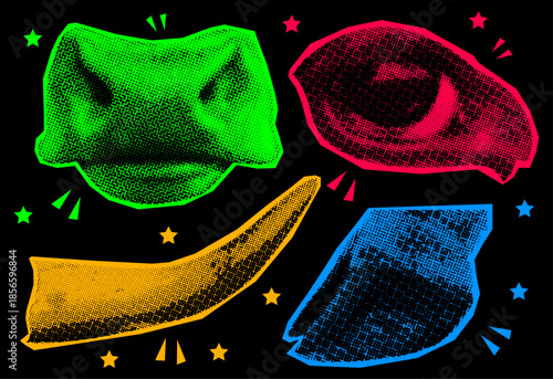 A set of black and white with colors background cut out elements of a halftone collage. Cow animal parts moo, eye, feet, horn, hoof. Ready to use elements for your designs