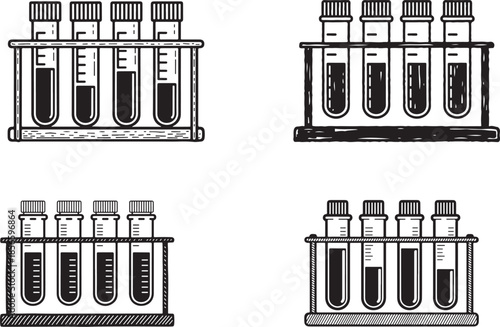 Four Sets of Test Tubes with Dark Liquid in Racks laboratory