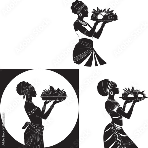 Three Black Silhouette Women Carrying Fruit Trays white