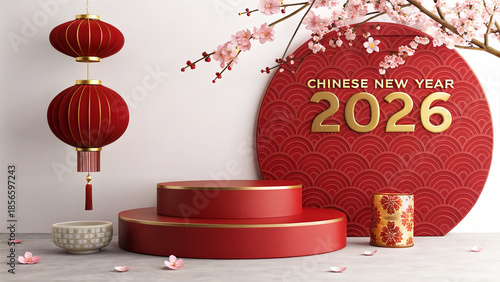 Chinese New Year 2026 Product Display Podium with Red Lanterns, Cherry Blossoms, and Elegant Gold 3D Typography