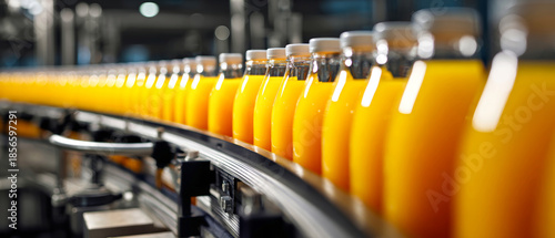 Bright orange juice bottles glide on a sleek conveyor belt, illuminated by clean factory lights that highlight their freshness