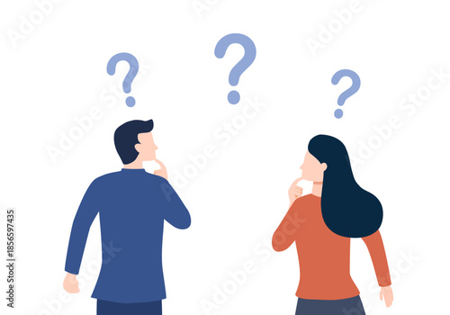 Flat vector illustration. A woman and a man are discussing issues, thinking about making a decision, coming up with an idea. The concept of finding the right solution and idea