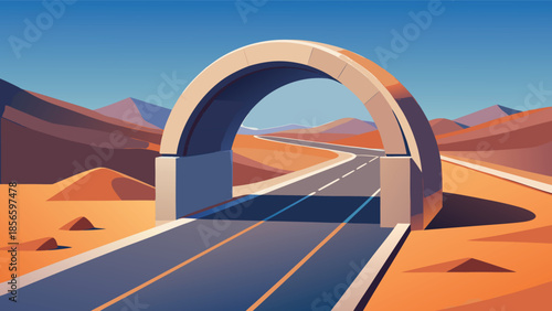 Stunning desert highway with modern archway bridge for epic road trip adventures, perfect for travel bloggers or promotional materials, under clear blue sky