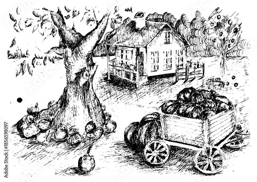 Vector illustration of a rustic village landscape. Scalable graphic featuring a farmhouse, harvest cart with pumpkins, and an old tree. Clean black and white ink style.