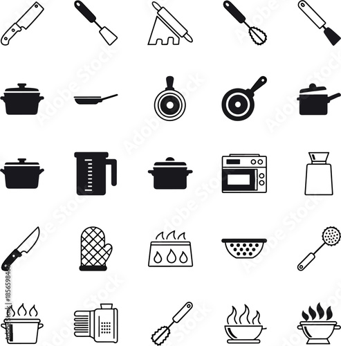 Collection of Kitchen Utensils and Cookware Icons, Including Pots, Pans, Knives, and Cooking Tools, Vector Illustration
