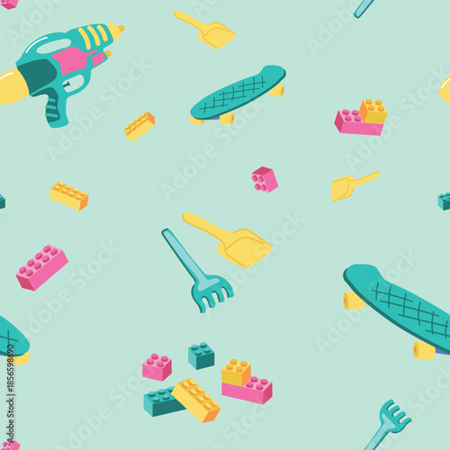 Playful Kids Toys Pattern with Bright Pastel Colors and Cute Flat Vector Style for Children Backgrounds