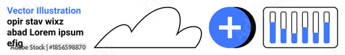 Cloud outline, blue add button, bar chart analytics in sleek interface. Ideal for data integration, cloud computing, analytics, tech startups, SaaS platforms, innovation simple landing page