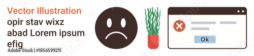 User emotions, error handling, digital issues, failure notification, online troubleshooting, workflow interruption. Sad face icon next to a red error window and a decorative plant. User emotions