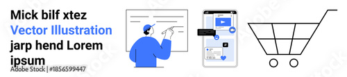E-learning, e-commerce, digital engagement, online shopping, technology, communication. A teacher at a board, a smartphone interface and a shopping cart. E-learning and e-commerce concepts
