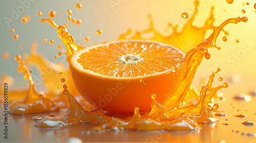 A sliced orange with juice splashing outward like rays of sunshine, glowing golden tones, set against a soft morning sky gradient.