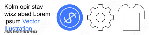Business concepts, customization, clothing design, currency exchange, manufacturing, financial operation. Blue dollar sign, gear symbol T-Shirt outline. Business concepts and customization