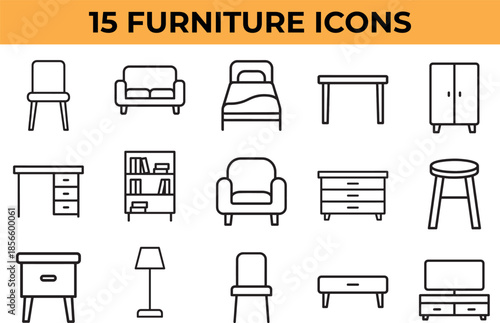 Collection of 15 minimalist furniture icons simple line art vector illustrations for interior design and home decor concepts isolated on white background