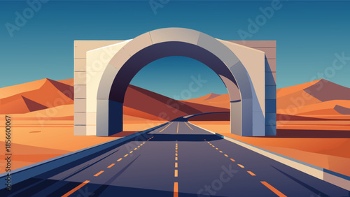 Stunning desert highway with architectural archway inspires adventure travel and road trip dreams under bright blue sky, perfect for travel brand campaigns