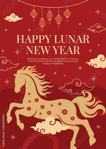 Happy Lunar New Year 2026 poster template with golden horse and lanterns on red background