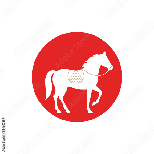 White Horse Silhouette with Golden Bridle and Saddle in Red Circle Logo