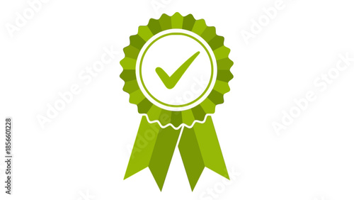A vibrant green award ribbon with a central white circle and a prominent green checkmark.