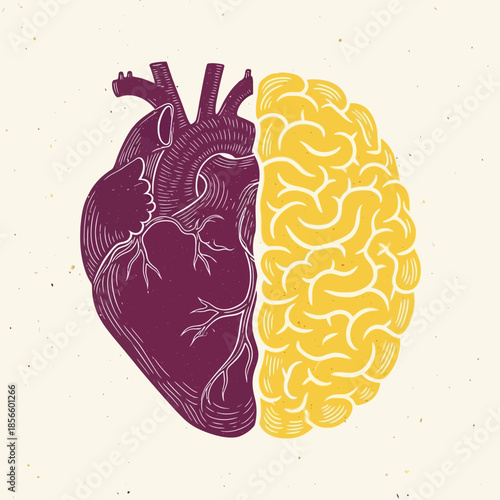 A visual representation of the duality between the human brain and the complex heart side by side.