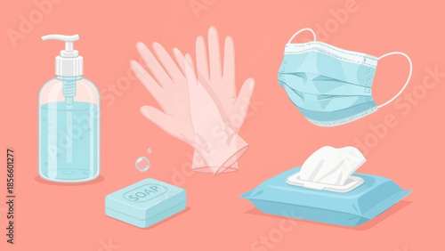 Essential hygiene items including hand sanitizer gloves a face mask soap and disinfecting wipes displayed.
