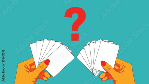 Hands holding playing cards with a large red question mark above them suggesting a choice.