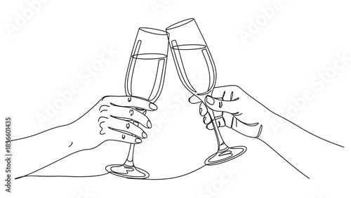 A minimalist line drawing depicts two hands holding champagne flutes in a celebratory toast.