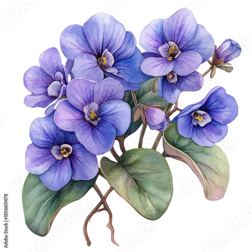African Violet Flower, graceful vector watercolor painting with soft flowing strokes and subtle highlights, isolated on a white background.