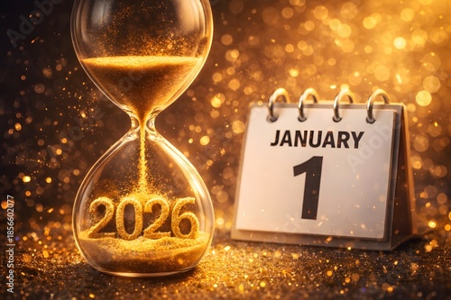 New Year 2026 - Time Flies by Hourglass and Calendar Date - Celebrating the Passage of Time