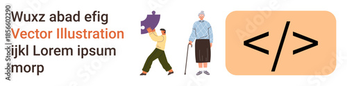 Education, technology, coding, aging population, problem-solving, and character design. Elderly figure with a cane, puzzle piece and coding symbol. Aging population and technology