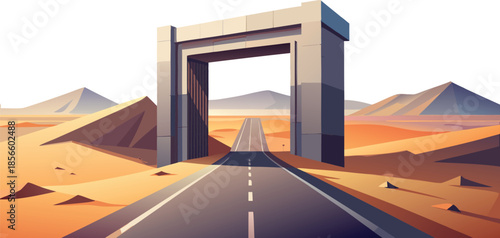 Inspiring desert road stretches toward mountains through a futuristic archway, evoking adventure and exploration, perfect for travel blogs or inspirational campaigns