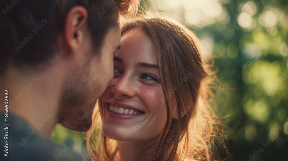 Fototapeta premium National Compliment Day: a loving couple in their 30s outdoors in a park, man whispering a sweet compliment to woman, woman's genuine smile and blushing expression