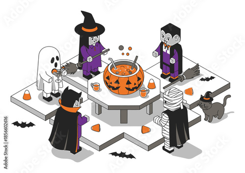 Isometric Halloween Costume Party Vector Illustration - Modern 3D Geometric Design on White