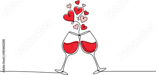 A delightful illustration of two wine glasses clinking together, with heart-shaped balloons floating up, symbolizing love and celebration