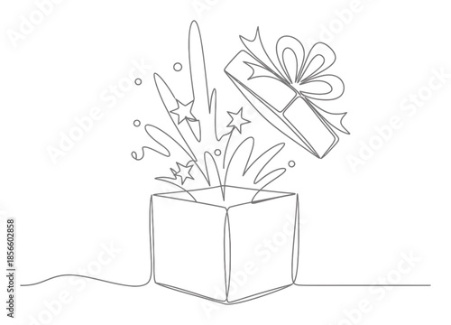 Continuous Line Art Gift Box Illustration. Minimalist Single Line Present, Surprise