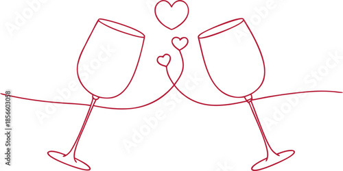 Continuous line art of two elegant wine glasses making a romantic toast, connected by a fluid stroke forming hearts, symbolizing love, celebration, and drink