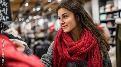 Wallpaper Mural Faceless young woman in red scarf shopping in winter fashion store with sale signs, seasonal retail browsing, cold weather apparel purchasing, holiday discount shopping, defocused person, with Torontodigital.ca