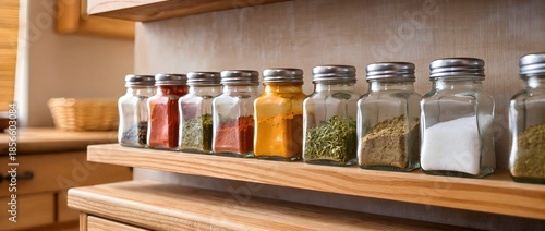 Organized Row of Colorful Spice Jars on Wooden Shelf in Cozy Kitchen